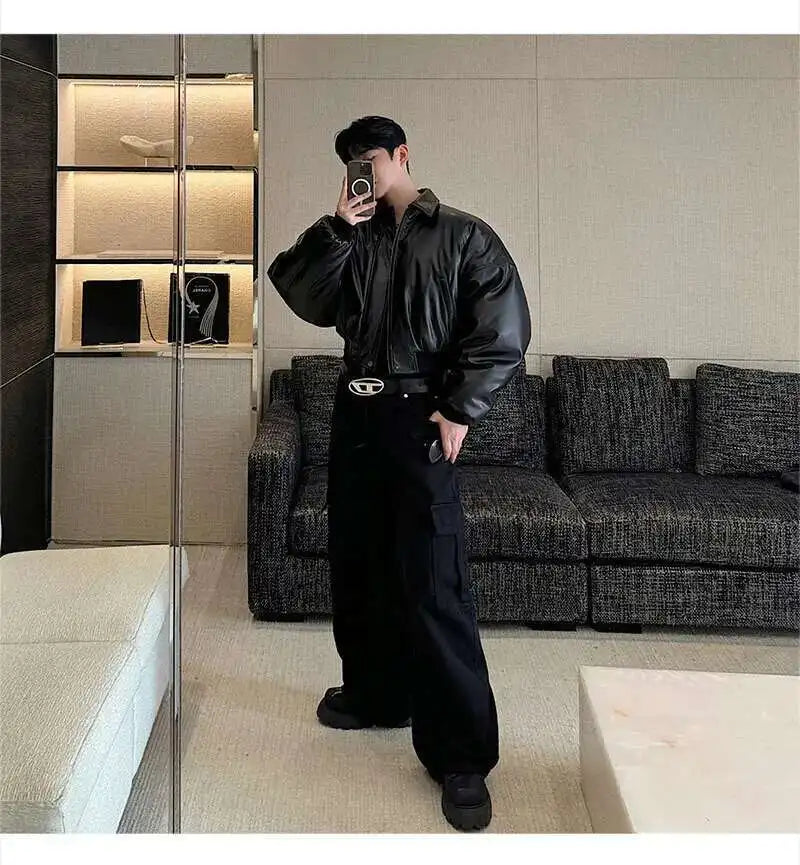IEFB High Street Men's Padded Jackets Turn-down Collar Casual PU Leather Thickened Solid Color Loose Male Cotton Coats 9W216