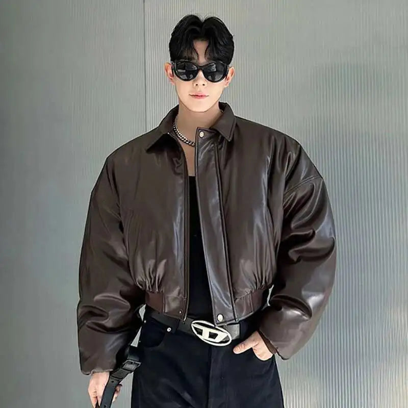 IEFB High Street Men's Padded Jackets Turn-down Collar Casual PU Leather Thickened Solid Color Loose Male Cotton Coats 9W216