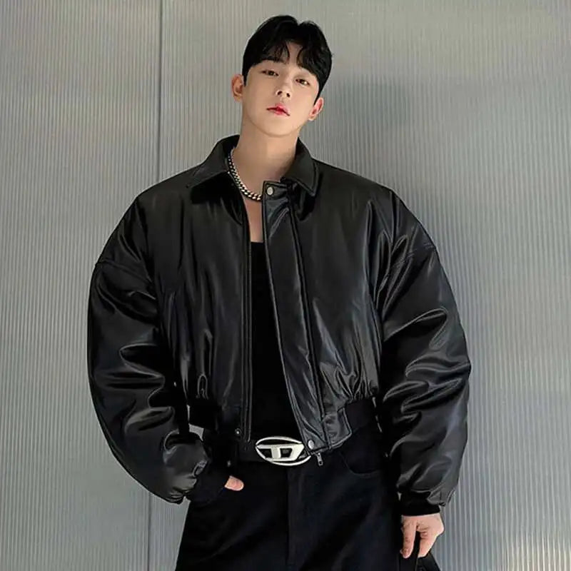 IEFB High Street Men's Padded Jackets Turn-down Collar Casual PU Leather Thickened Solid Color Loose Male Cotton Coats 9W216