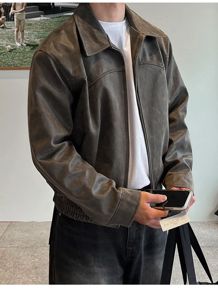 Mauroicardi Spring Autumn Vintage Lightweight Distressed Washed Brown Pu Leather Jacket Men Zipper Casual Korean Fashion Clothes