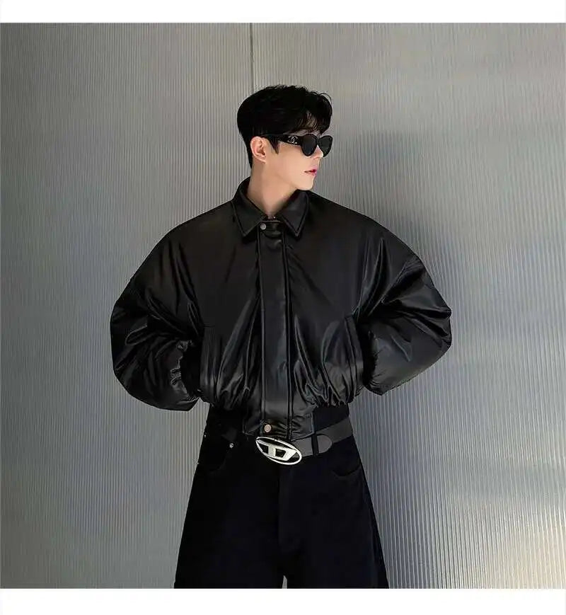 IEFB High Street Men's Padded Jackets Turn-down Collar Casual PU Leather Thickened Solid Color Loose Male Cotton Coats 9W216