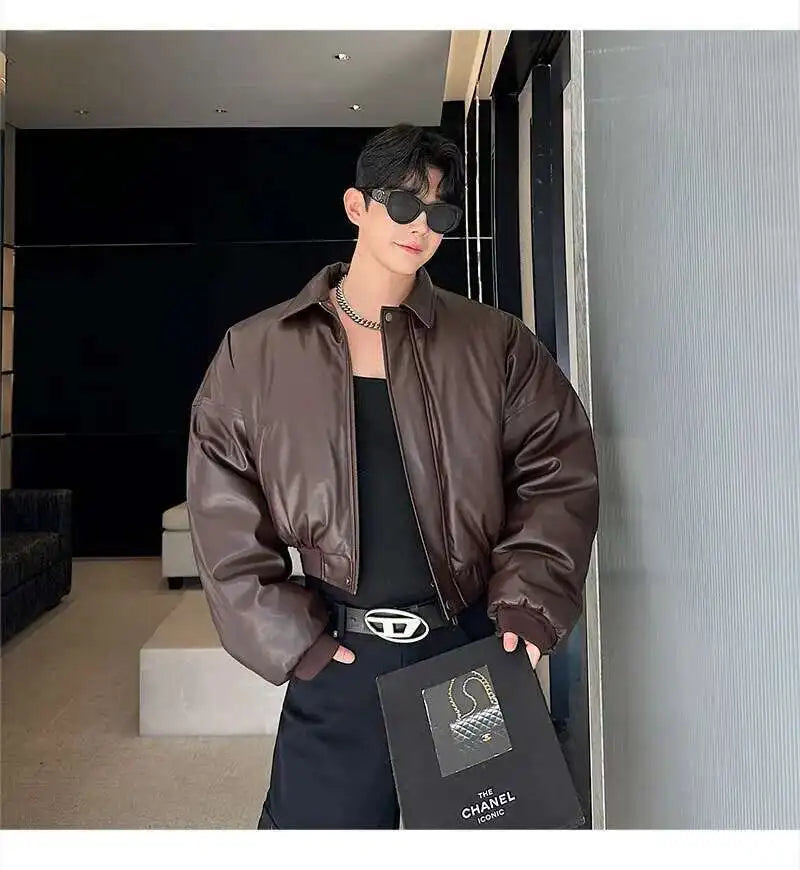 IEFB High Street Men's Padded Jackets Turn-down Collar Casual PU Leather Thickened Solid Color Loose Male Cotton Coats 9W216