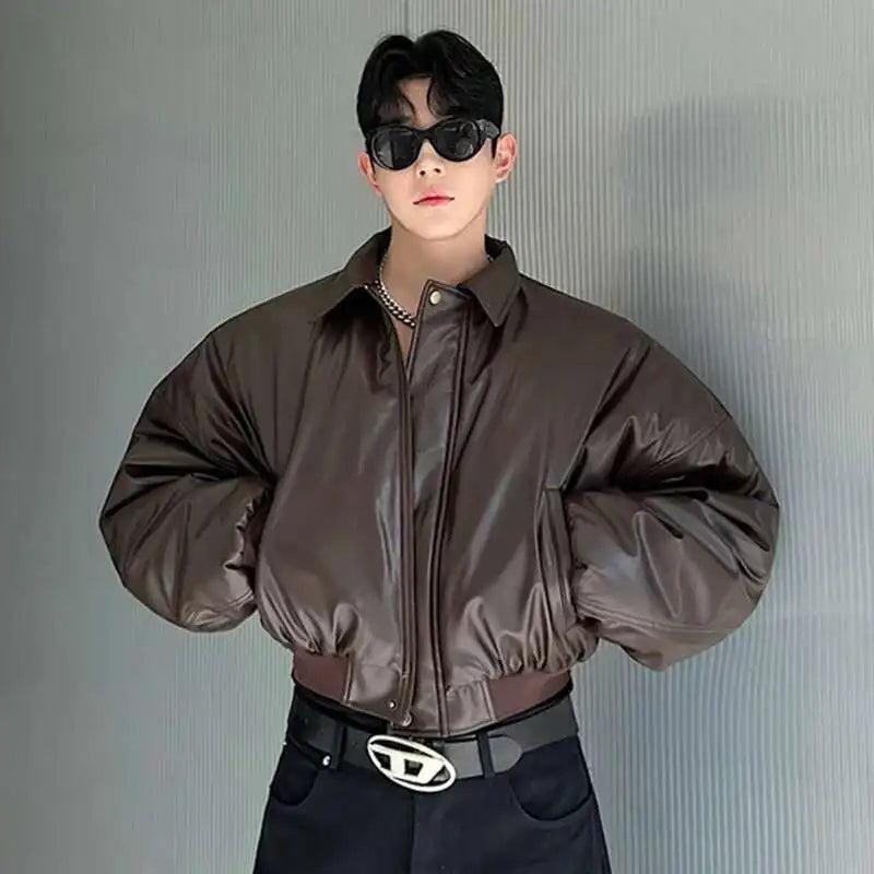 IEFB High Street Men's Padded Jackets Turn-down Collar Casual PU Leather Thickened Solid Color Loose Male Cotton Coats 9W216