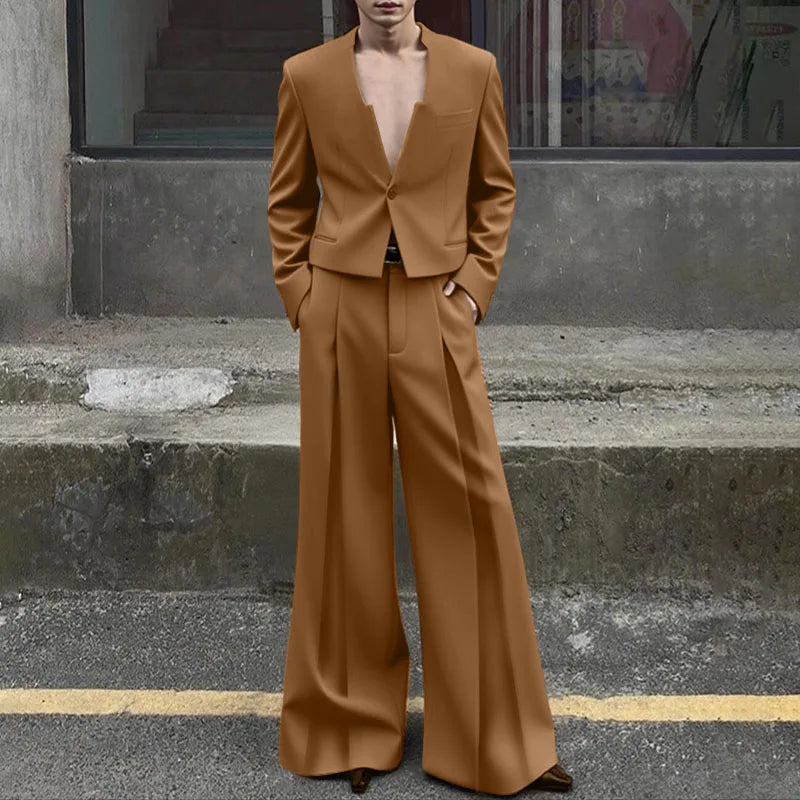 INCERUN Men Sets Solid Color Elegant Long Sleeve Crop Blazer & Wide Leg Pants 2PCS Streetwear Loose Fashion Casual Men's Suits