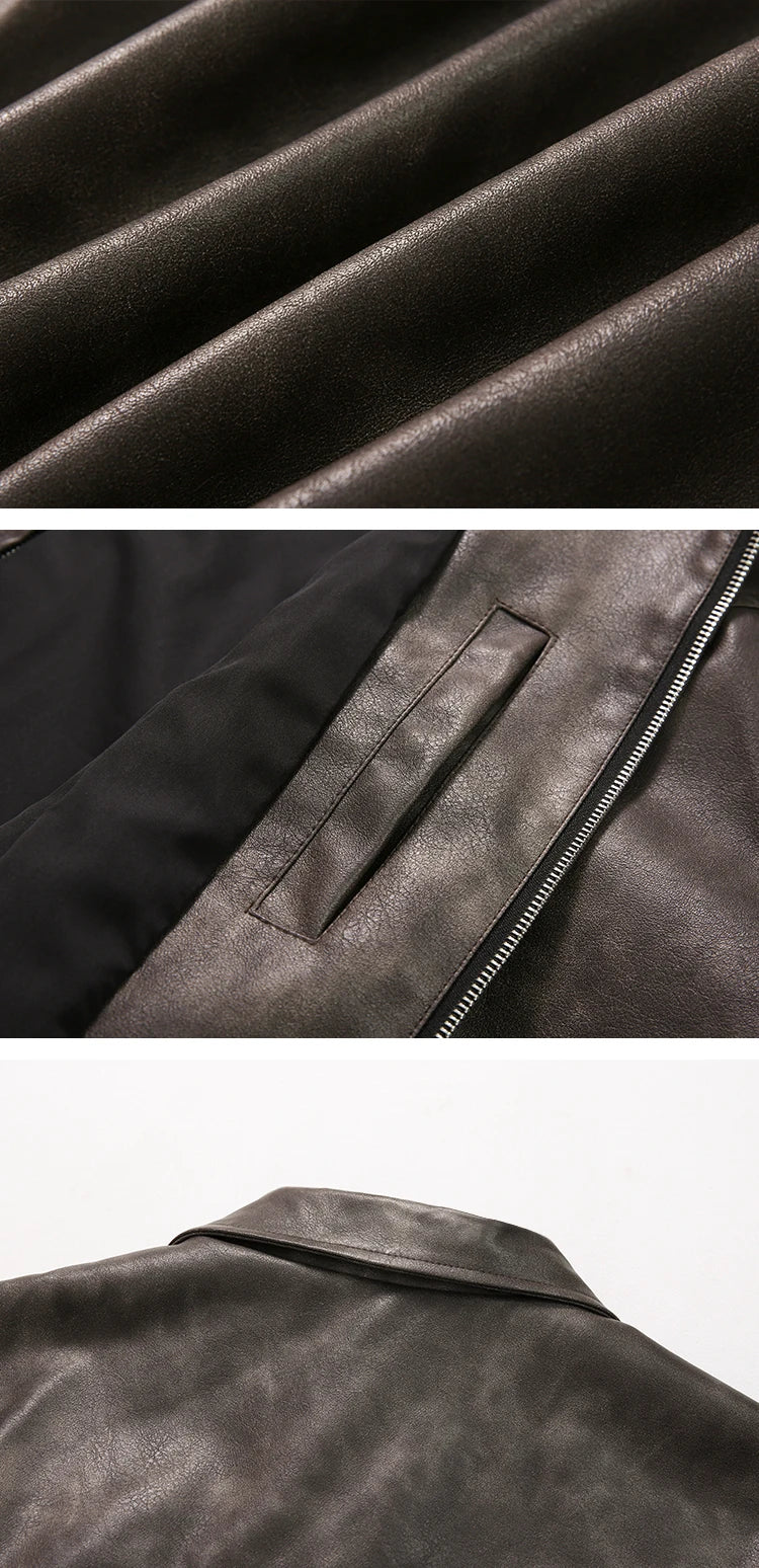 Mauroicardi Spring Autumn Vintage Lightweight Distressed Washed Brown Pu Leather Jacket Men Zipper Casual Korean Fashion Clothes