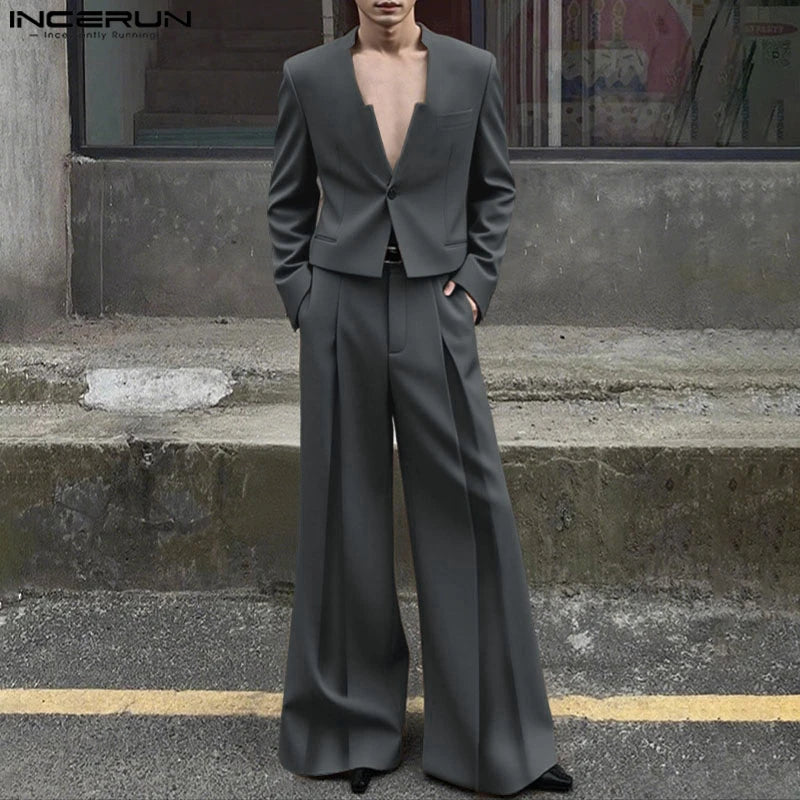 INCERUN Men Sets Solid Color Elegant Long Sleeve Crop Blazer & Wide Leg Pants 2PCS Streetwear Loose Fashion Casual Men's Suits