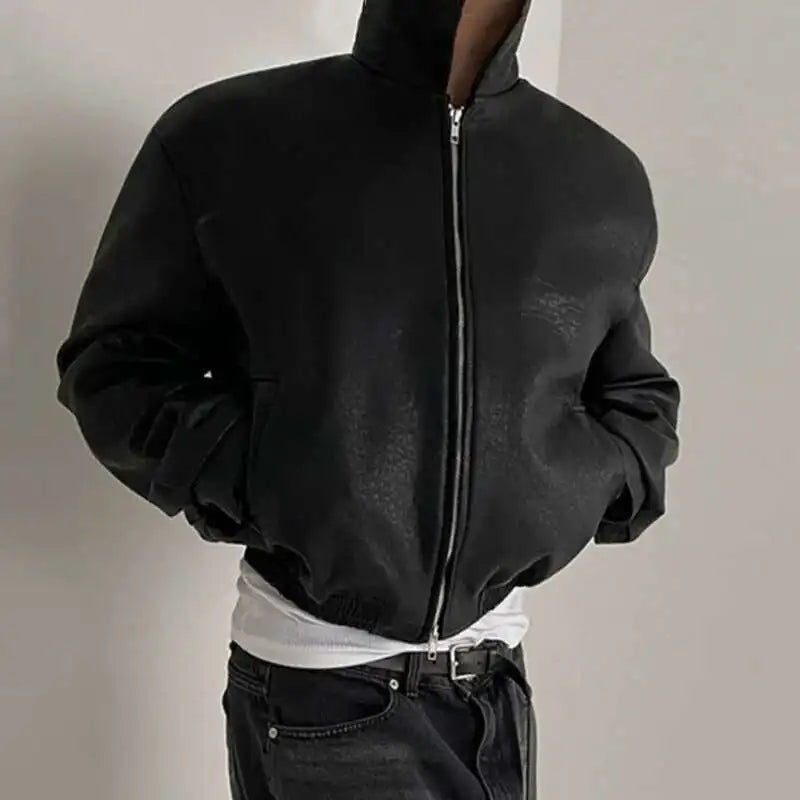 IEFB Short PU Leather Coat Men's Spring Summer Loose Turn-down Collar Coat Korean Style Trend Male Jacket Casual Top 9C5013