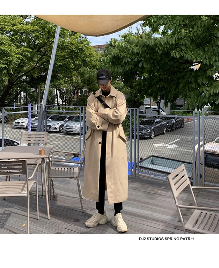 Mauroicardi Spring Autumn Long Oversized Black Khaki Trench Coat Men Raglan Sleeve Single Breasted Loose Casual Korean Fashion