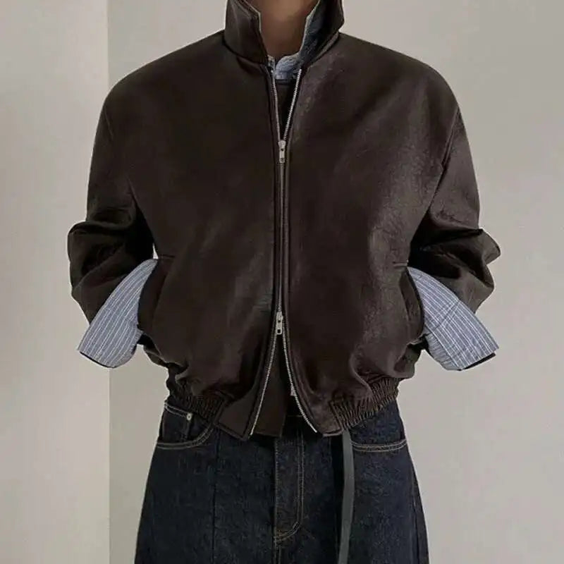 IEFB Short PU Leather Coat Men's Spring Summer Loose Turn-down Collar Coat Korean Style Trend Male Jacket Casual Top 9C5013