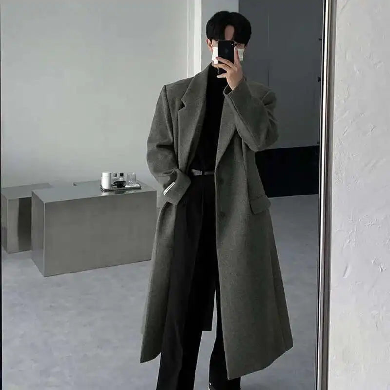 IEFB Korean Style Men's Woollen Coats Single Breasted Solid Color Overknee Thickened Male Windbreakers Spring Tide 2025 9C7831