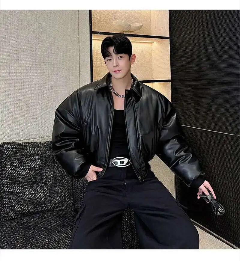 IEFB High Street Men's Padded Jackets Turn-down Collar Casual PU Leather Thickened Solid Color Loose Male Cotton Coats 9W216