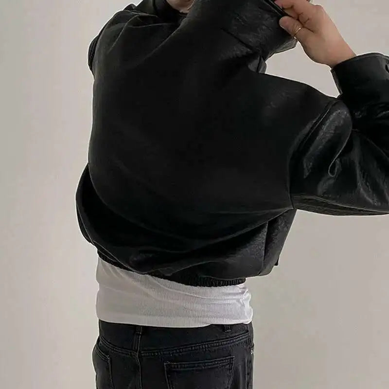 IEFB Short PU Leather Coat Men's Spring Summer Loose Turn-down Collar Coat Korean Style Trend Male Jacket Casual Top 9C5013