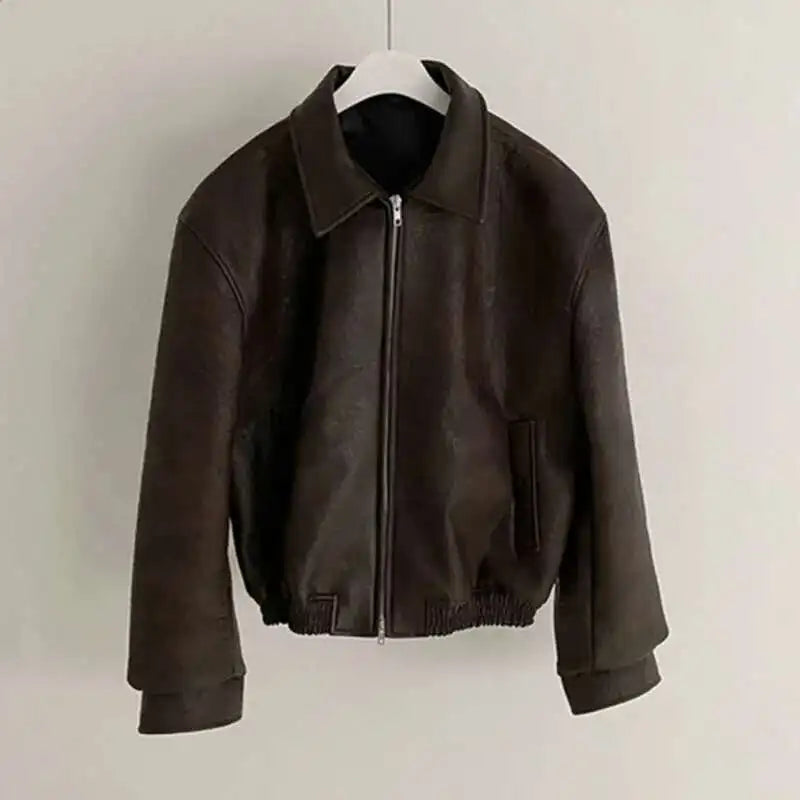 IEFB Short PU Leather Coat Men's Spring Summer Loose Turn-down Collar Coat Korean Style Trend Male Jacket Casual Top 9C5013