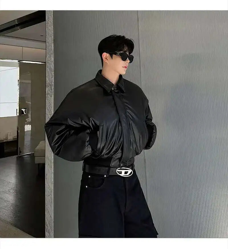 IEFB High Street Men's Padded Jackets Turn-down Collar Casual PU Leather Thickened Solid Color Loose Male Cotton Coats 9W216