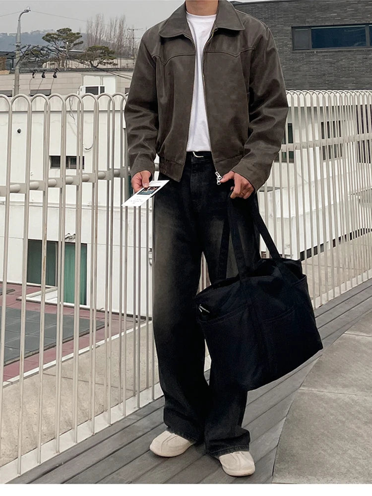 Mauroicardi Spring Autumn Vintage Lightweight Distressed Washed Brown Pu Leather Jacket Men Zipper Casual Korean Fashion Clothes