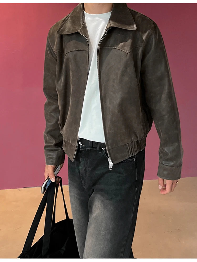 Mauroicardi Spring Autumn Vintage Lightweight Distressed Washed Brown Pu Leather Jacket Men Zipper Casual Korean Fashion Clothes