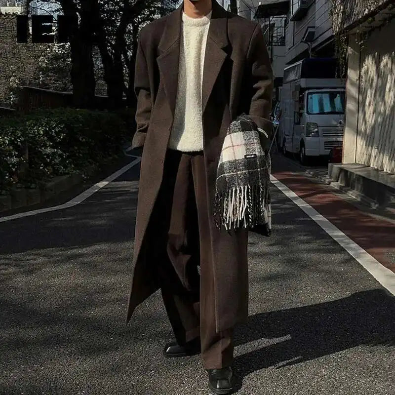 IEFB Korean Style Men's Woollen Coats Single Breasted Solid Color Overknee Thickened Male Windbreakers Spring Tide 2025 9C7831