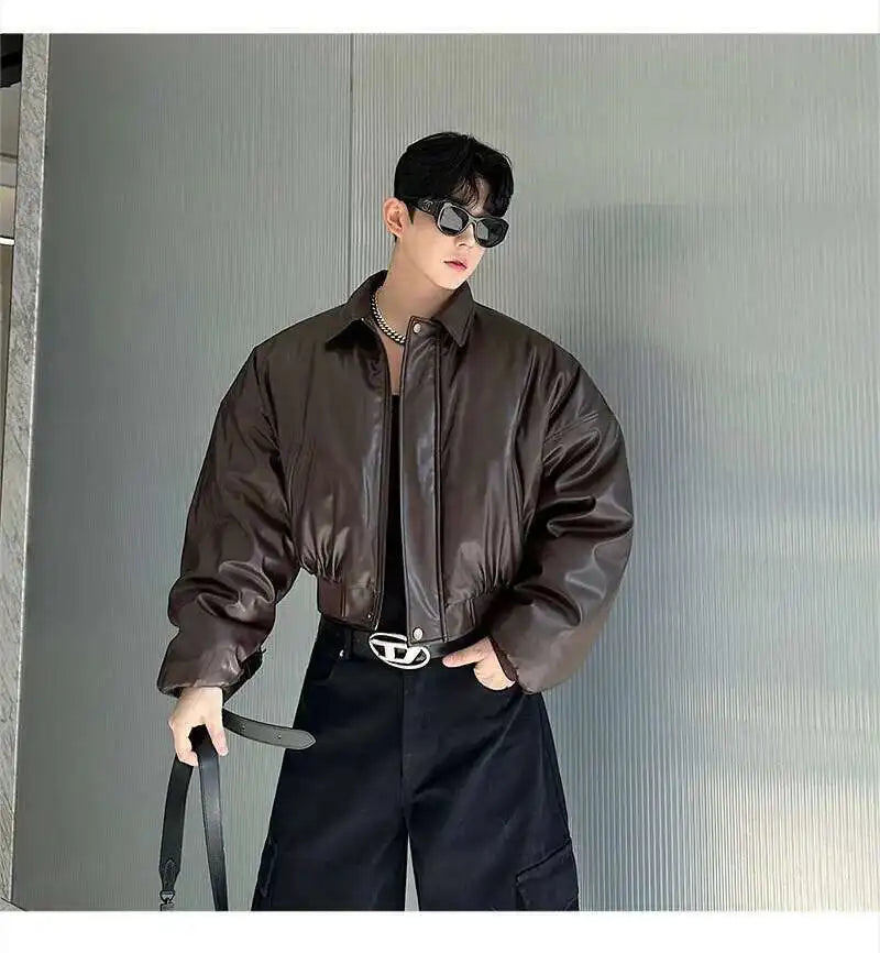 IEFB High Street Men's Padded Jackets Turn-down Collar Casual PU Leather Thickened Solid Color Loose Male Cotton Coats 9W216