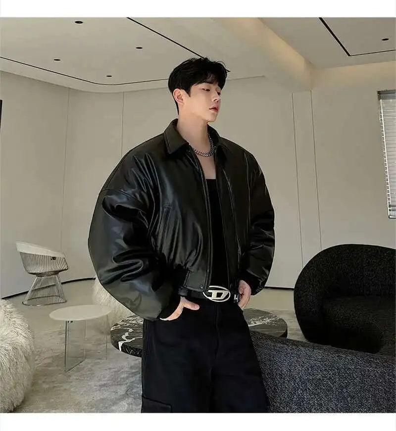 IEFB High Street Men's Padded Jackets Turn-down Collar Casual PU Leather Thickened Solid Color Loose Male Cotton Coats 9W216