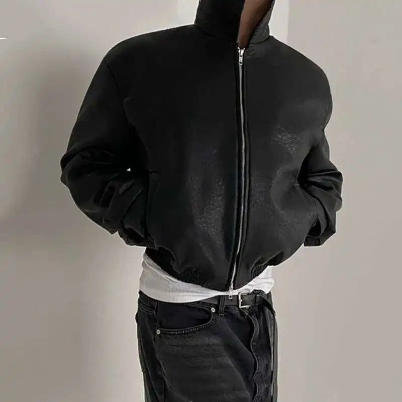 IEFB Short PU Leather Coat Men's Spring Summer Loose Turn-down Collar Coat Korean Style Trend Male Jacket Casual Top 9C5013