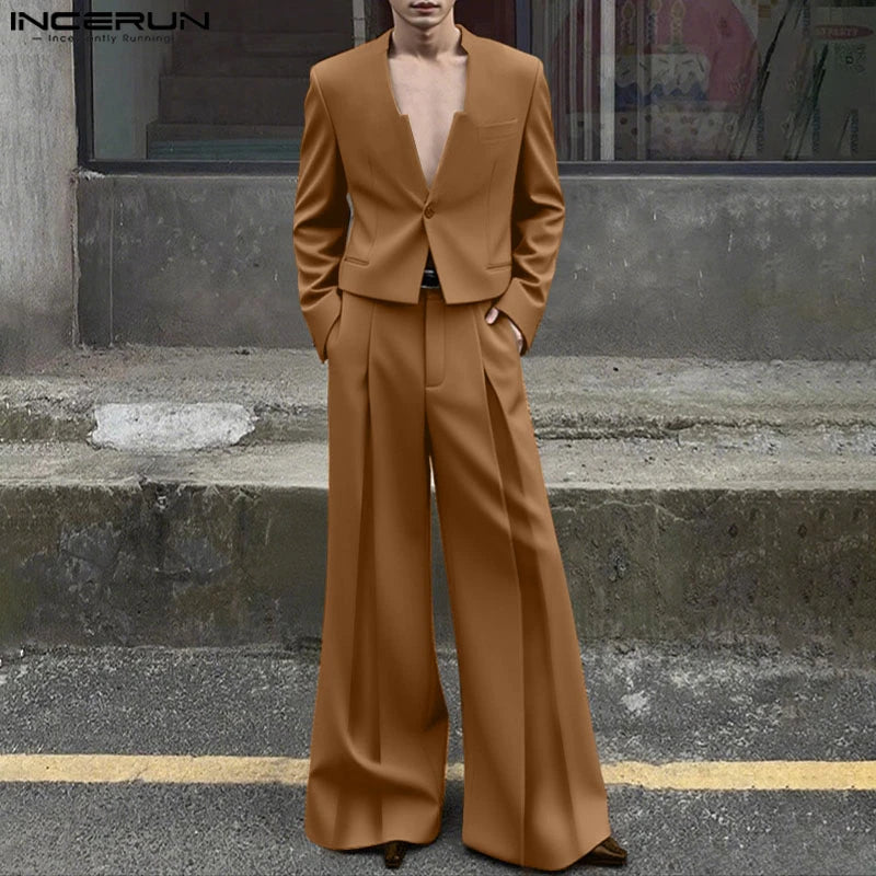 INCERUN Men Sets Solid Color Elegant Long Sleeve Crop Blazer & Wide Leg Pants 2PCS Streetwear Loose Fashion Casual Men's Suits