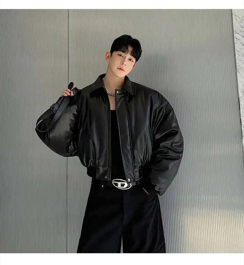 IEFB High Street Men's Padded Jackets Turn-down Collar Casual PU Leather Thickened Solid Color Loose Male Cotton Coats 9W216