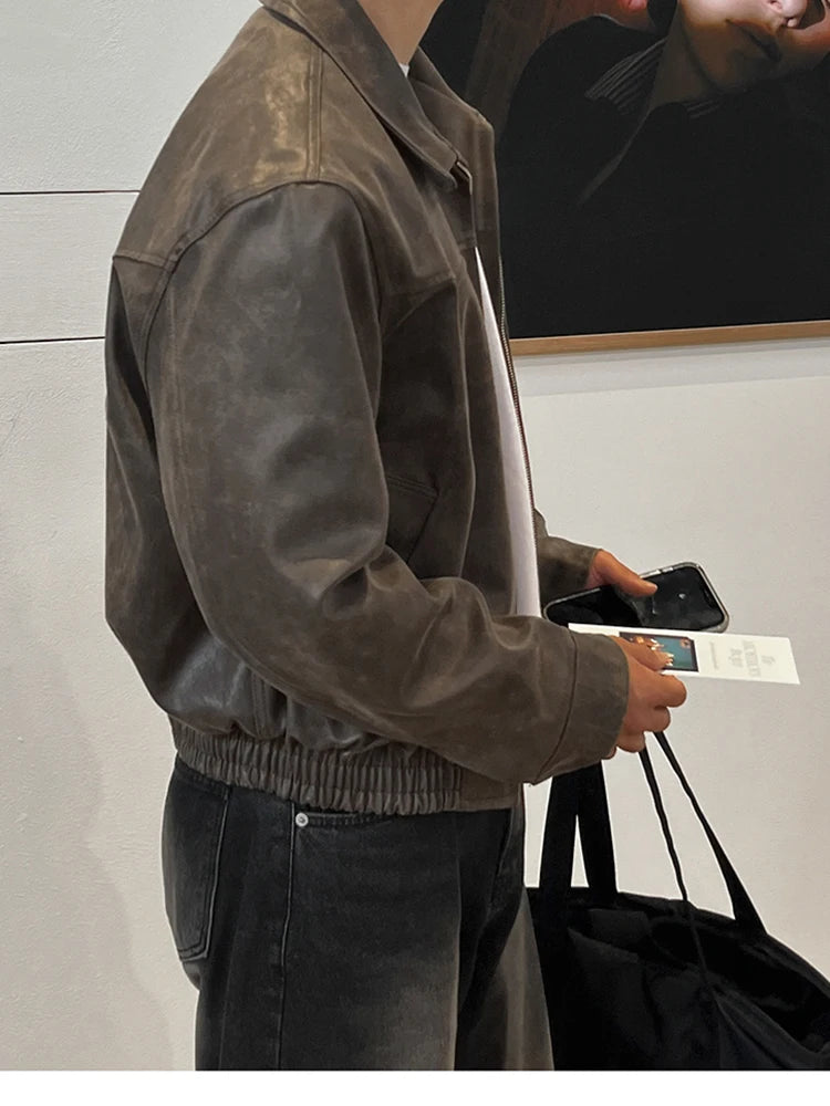 Mauroicardi Spring Autumn Vintage Lightweight Distressed Washed Brown Pu Leather Jacket Men Zipper Casual Korean Fashion Clothes
