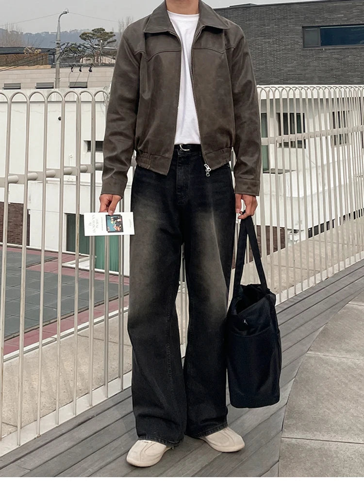 Mauroicardi Spring Autumn Vintage Lightweight Distressed Washed Brown Pu Leather Jacket Men Zipper Casual Korean Fashion Clothes