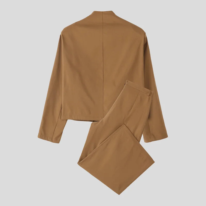 INCERUN Men Sets Solid Color Elegant Long Sleeve Crop Blazer & Wide Leg Pants 2PCS Streetwear Loose Fashion Casual Men's Suits