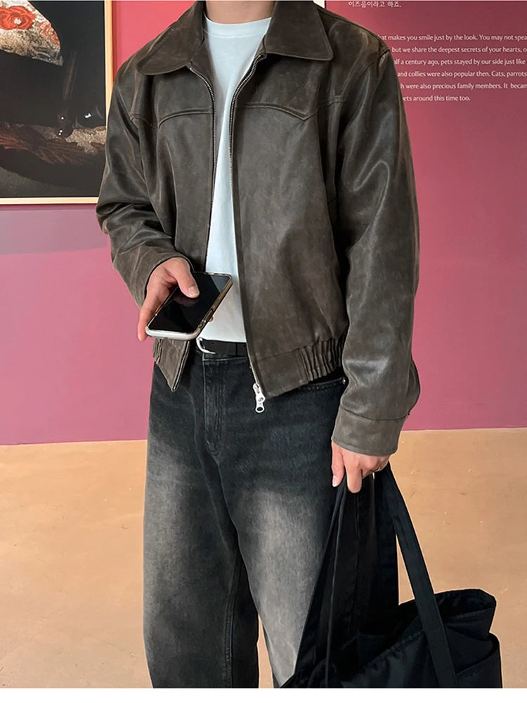 Mauroicardi Spring Autumn Vintage Lightweight Distressed Washed Brown Pu Leather Jacket Men Zipper Casual Korean Fashion Clothes