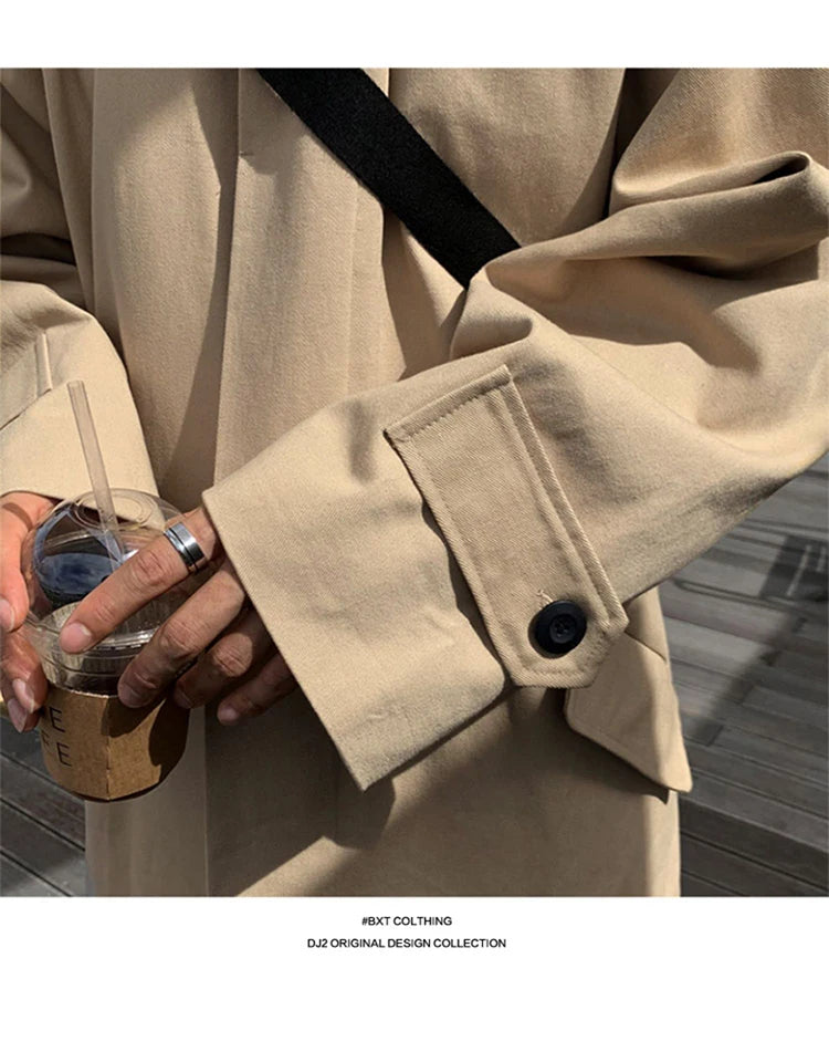 Mauroicardi Spring Autumn Long Oversized Black Khaki Trench Coat Men Raglan Sleeve Single Breasted Loose Casual Korean Fashion