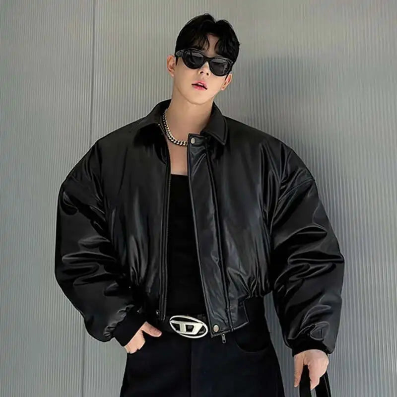 IEFB High Street Men's Padded Jackets Turn-down Collar Casual PU Leather Thickened Solid Color Loose Male Cotton Coats 9W216