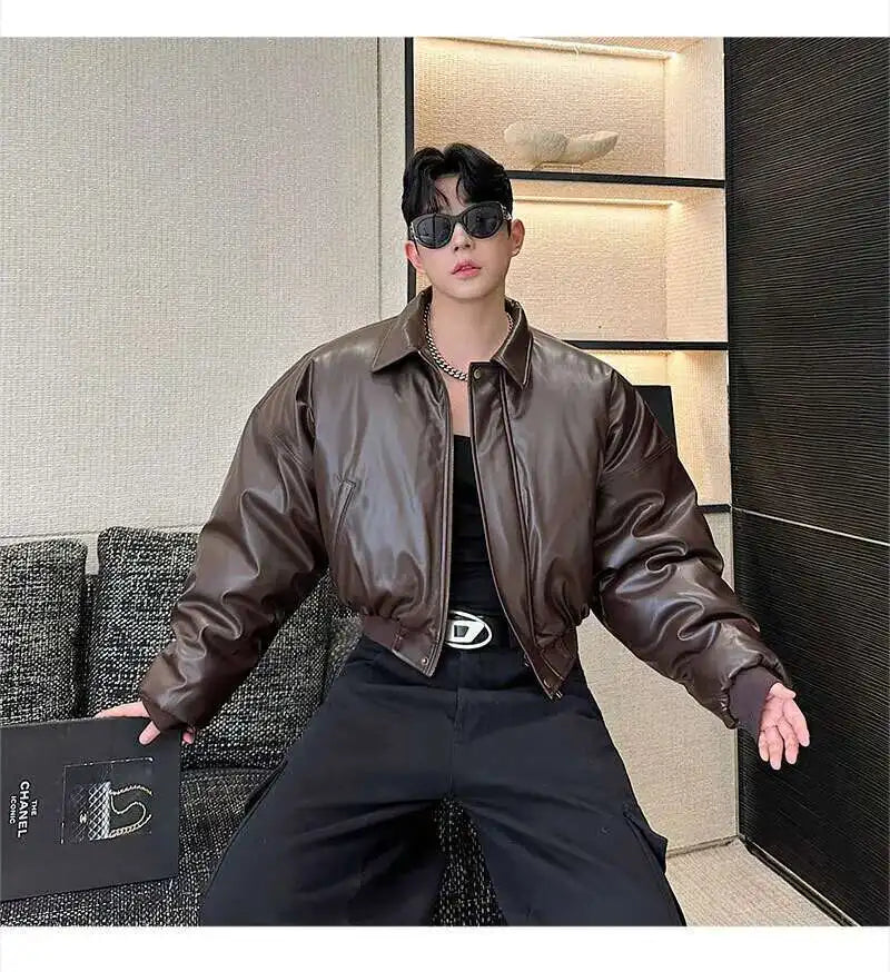 IEFB High Street Men's Padded Jackets Turn-down Collar Casual PU Leather Thickened Solid Color Loose Male Cotton Coats 9W216