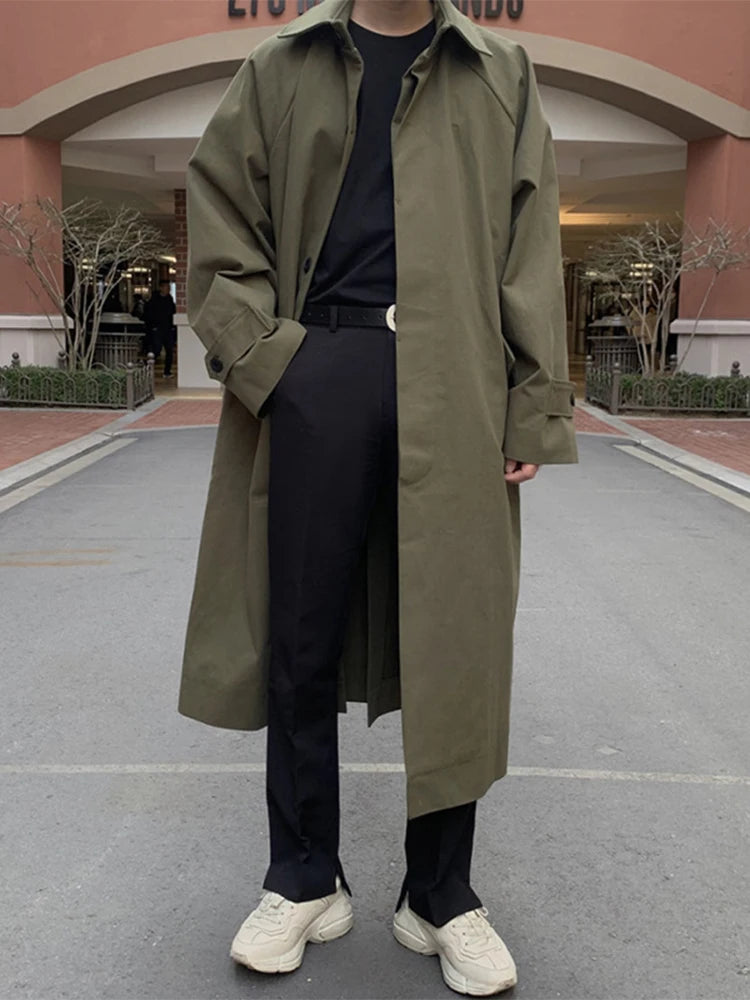 Mauroicardi Spring Autumn Long Oversized Black Khaki Trench Coat Men Raglan Sleeve Single Breasted Loose Casual Korean Fashion