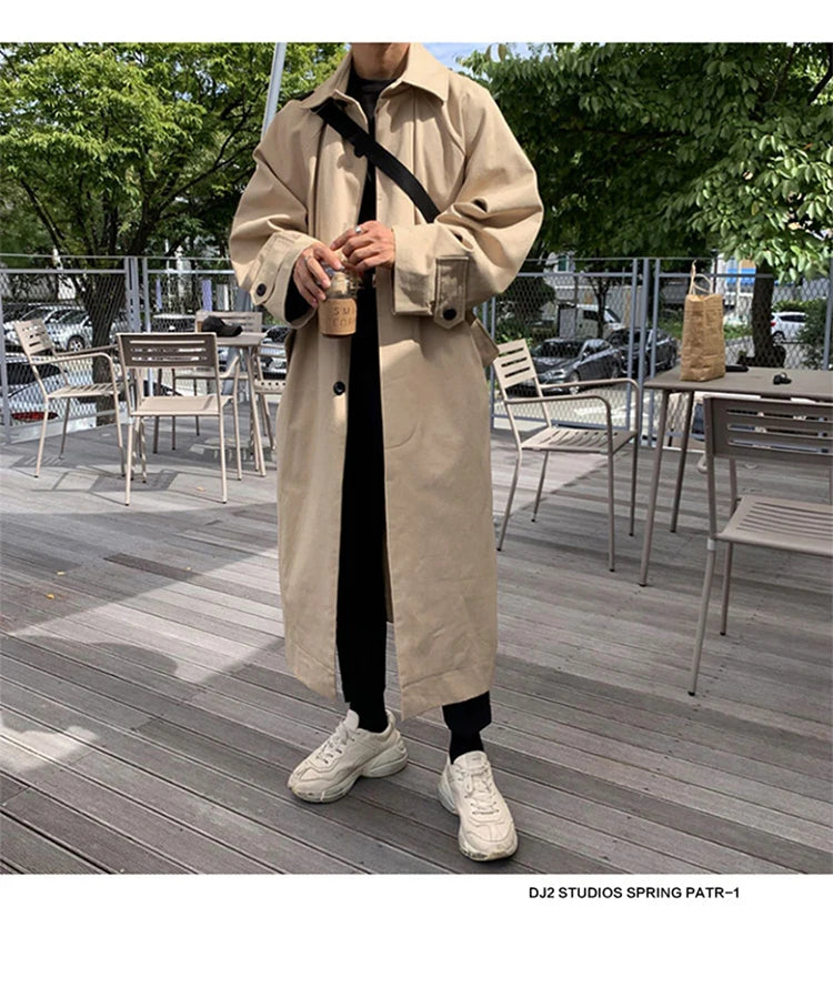 Mauroicardi Spring Autumn Long Oversized Black Khaki Trench Coat Men Raglan Sleeve Single Breasted Loose Casual Korean Fashion