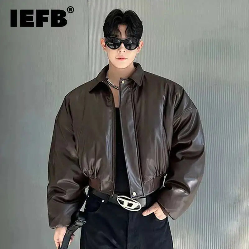 IEFB High Street Men's Padded Jackets Turn-down Collar Casual PU Leather Thickened Solid Color Loose Male Cotton Coats 9W216