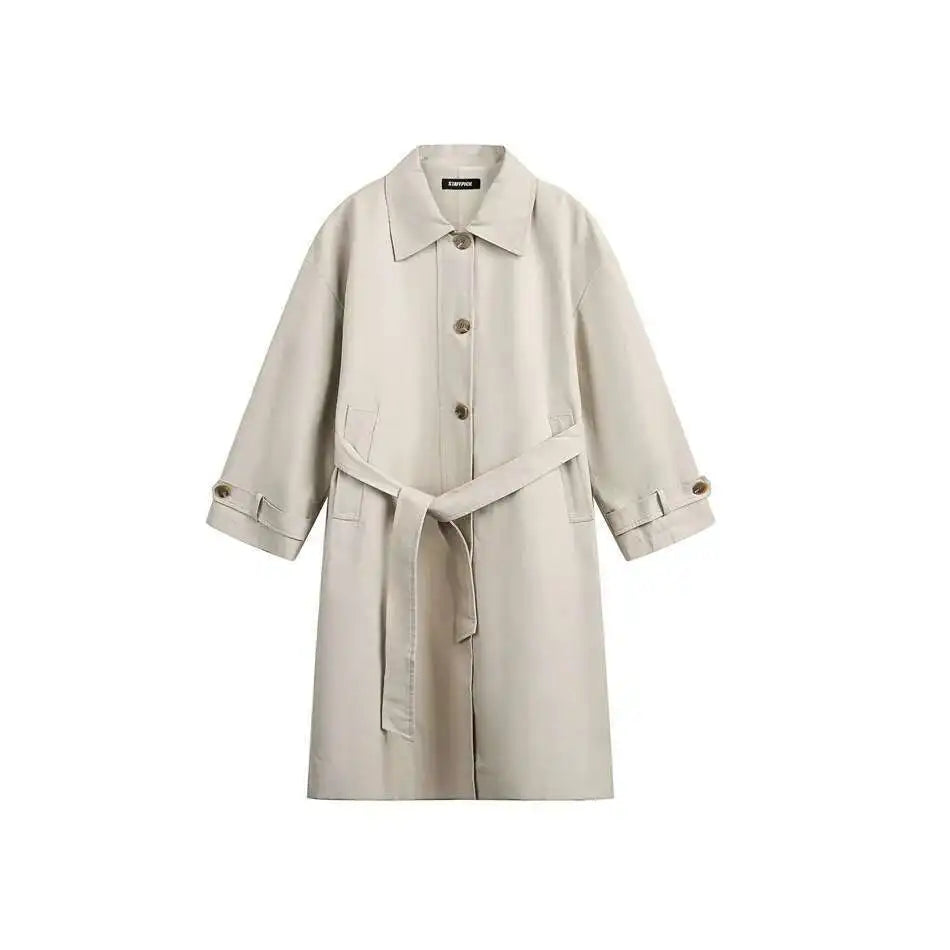 PFNW Korean Casual Temperament British Style Vintage Loose Lapel Trench Spring 2025 New Beige Medium-length Coats Tide 28W5983