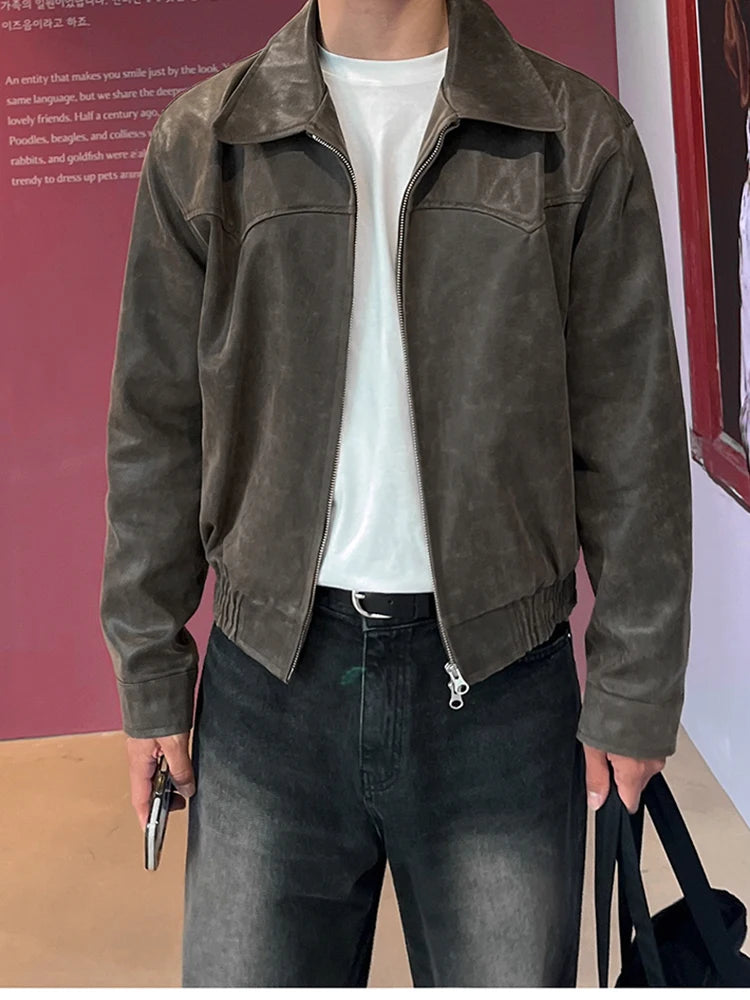 Mauroicardi Spring Autumn Vintage Lightweight Distressed Washed Brown Pu Leather Jacket Men Zipper Casual Korean Fashion Clothes