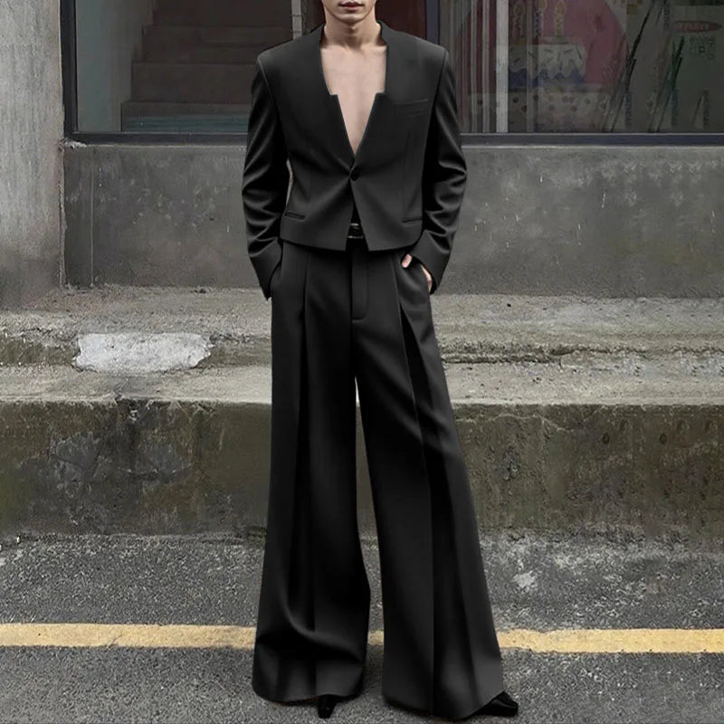 INCERUN Men Sets Solid Color Elegant Long Sleeve Crop Blazer & Wide Leg Pants 2PCS Streetwear Loose Fashion Casual Men's Suits