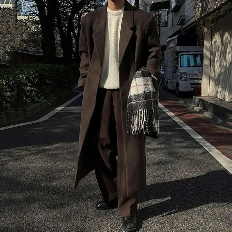 IEFB Korean Style Men's Woollen Coats Single Breasted Solid Color Overknee Thickened Male Windbreakers Spring Tide 2025 9C7831