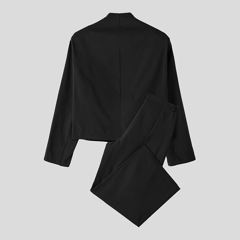 INCERUN Men Sets Solid Color Elegant Long Sleeve Crop Blazer & Wide Leg Pants 2PCS Streetwear Loose Fashion Casual Men's Suits