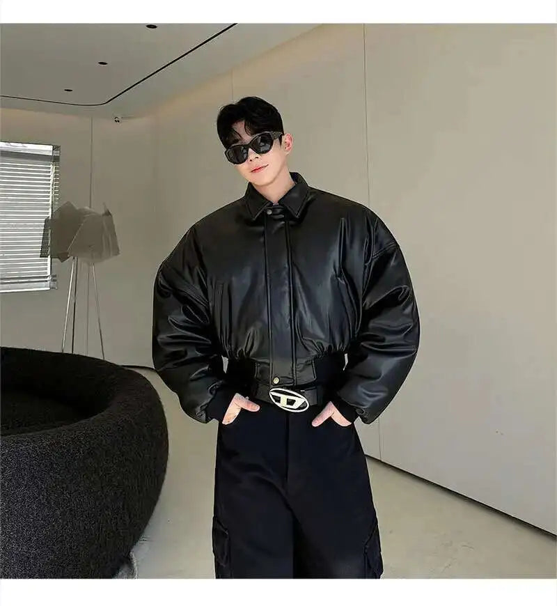 IEFB High Street Men's Padded Jackets Turn-down Collar Casual PU Leather Thickened Solid Color Loose Male Cotton Coats 9W216