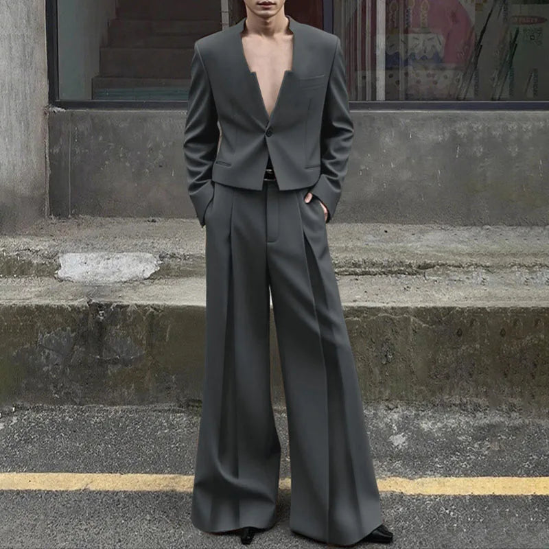 INCERUN Men Sets Solid Color Elegant Long Sleeve Crop Blazer & Wide Leg Pants 2PCS Streetwear Loose Fashion Casual Men's Suits