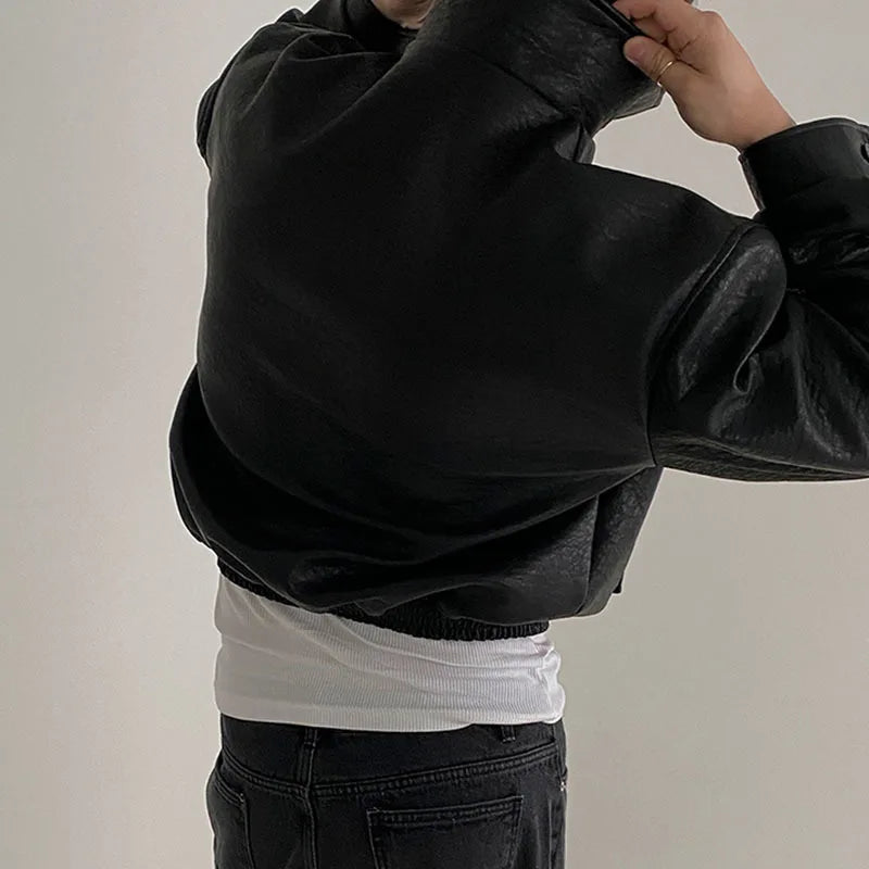 IEFB Short PU Leather Coat Men's Spring Summer Loose Turn-down Collar Coat Korean Style Trend Male Jacket Casual Top 9C5013