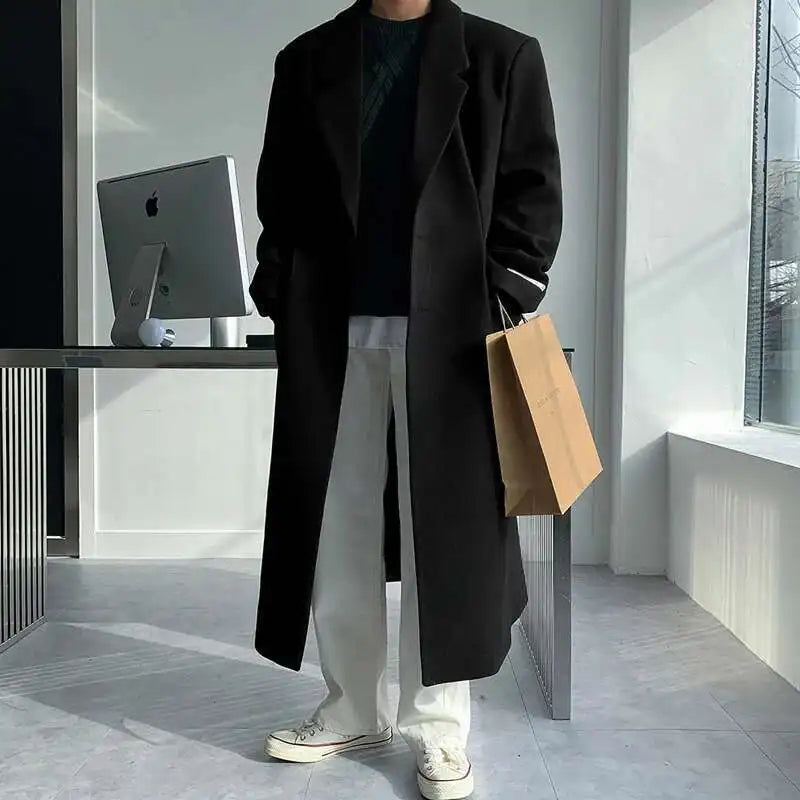 IEFB Korean Style Men's Woollen Coats Single Breasted Solid Color Overknee Thickened Male Windbreakers Spring Tide 2025 9C7831