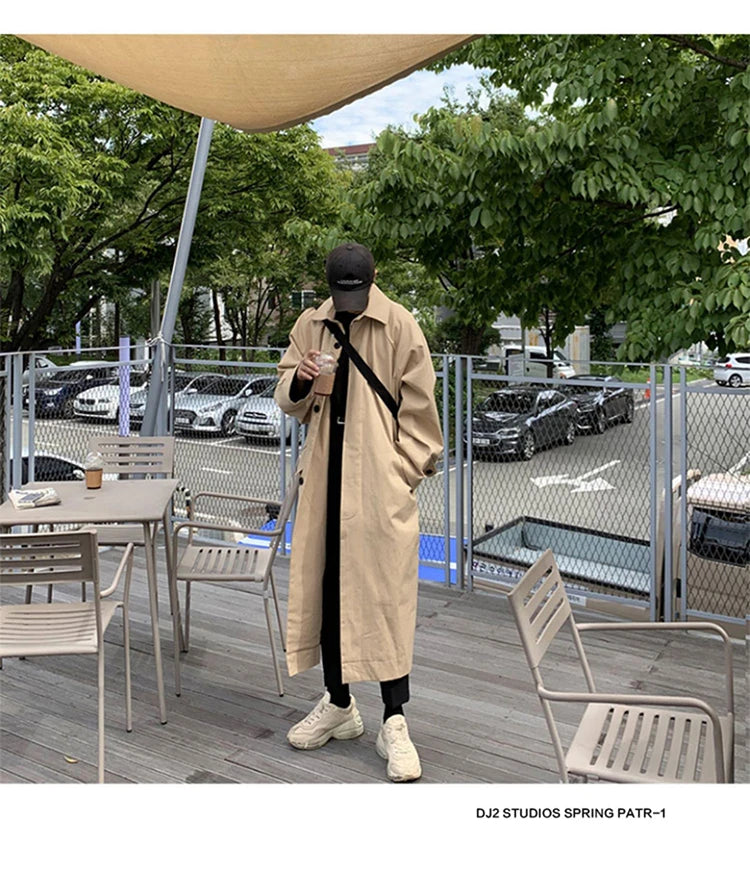 Mauroicardi Spring Autumn Long Oversized Black Khaki Trench Coat Men Raglan Sleeve Single Breasted Loose Casual Korean Fashion