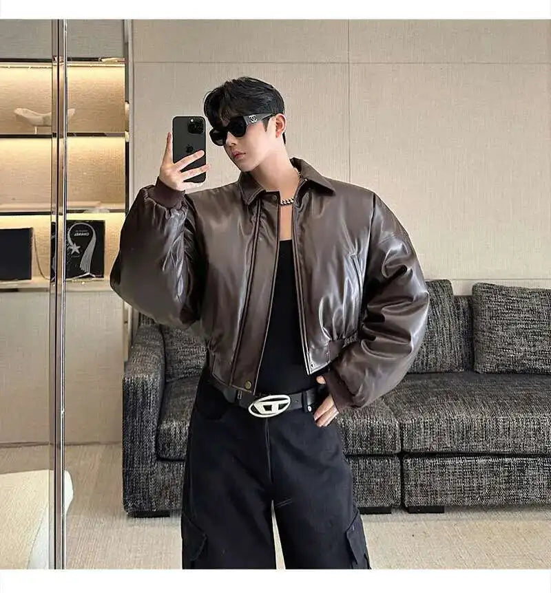 IEFB High Street Men's Padded Jackets Turn-down Collar Casual PU Leather Thickened Solid Color Loose Male Cotton Coats 9W216