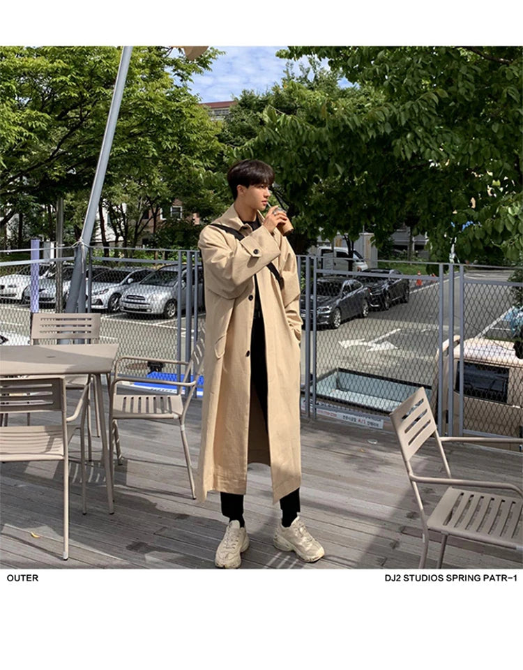 Mauroicardi Spring Autumn Long Oversized Black Khaki Trench Coat Men Raglan Sleeve Single Breasted Loose Casual Korean Fashion