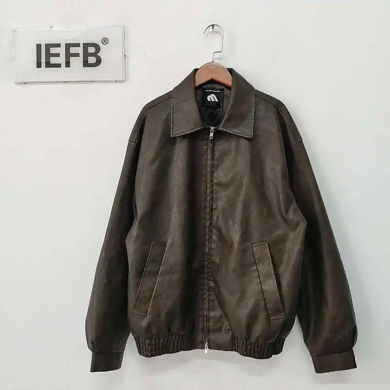 IEFB Short PU Leather Coat Men's Spring Summer Loose Turn-down Collar Coat Korean Style Trend Male Jacket Casual Top 9C5013