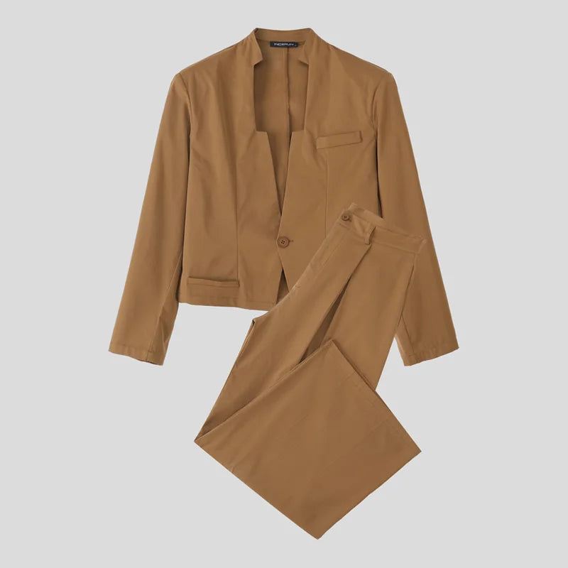 INCERUN Men Sets Solid Color Elegant Long Sleeve Crop Blazer & Wide Leg Pants 2PCS Streetwear Loose Fashion Casual Men's Suits